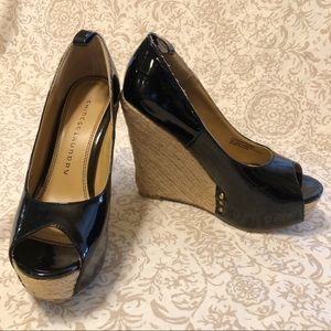 Patent black leather wedges